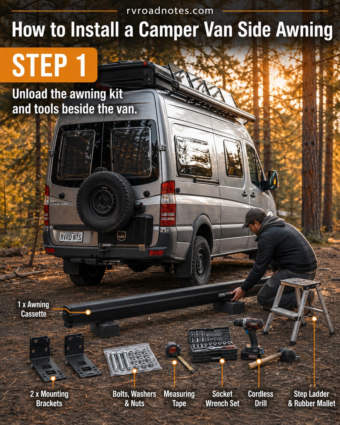Awning cassette, brackets, and tools laid out beside a 4x4 camper van conversion before installation begins