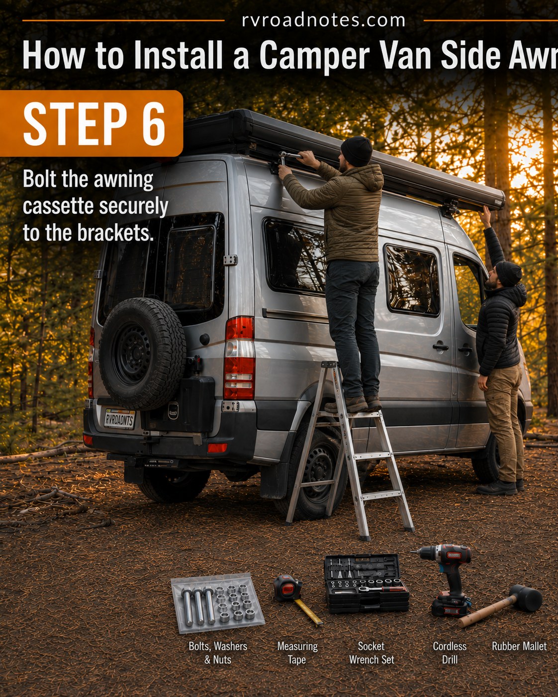 Bolting the awning cassette securely to its brackets on a 4x4 camper van conversion roofline