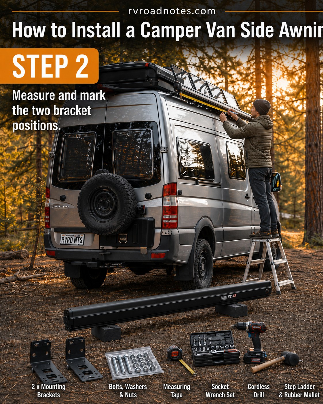 Marking bracket positions on the roofline of a 4x4 camper van conversion with a tape measure