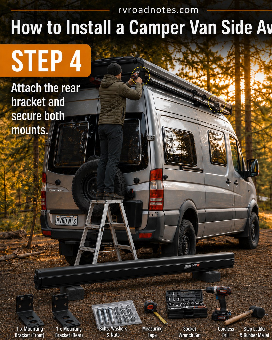 Securing the rear bracket on a 4x4 camper van conversion before bolting both mounts tight