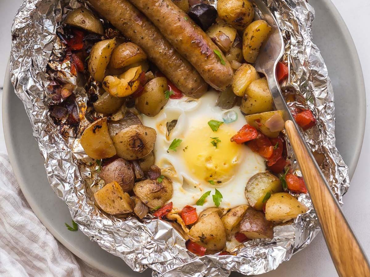 Egg sausage breakfast foil packet camping