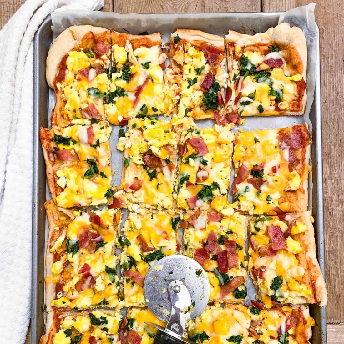 Breakfast pizza squares outdoors