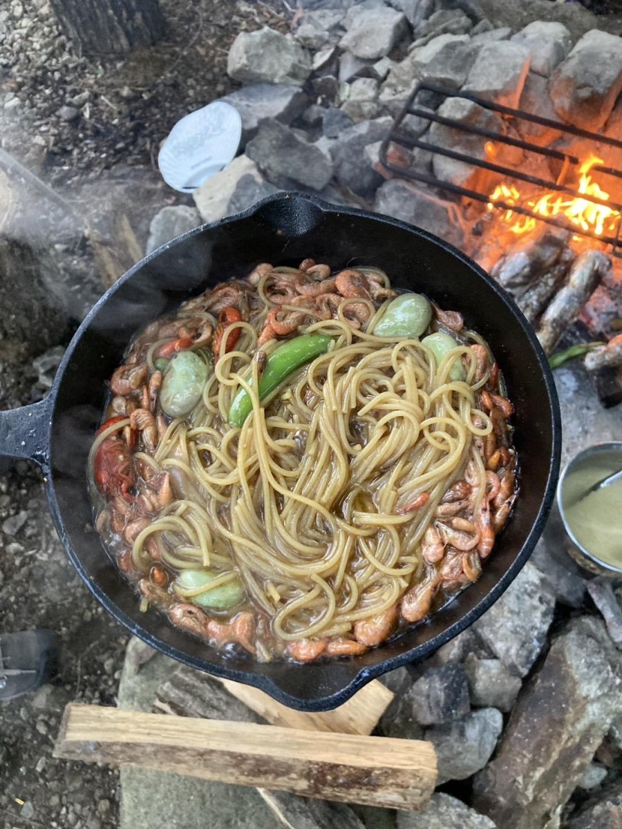 Cajun shrimp pasta at campsite