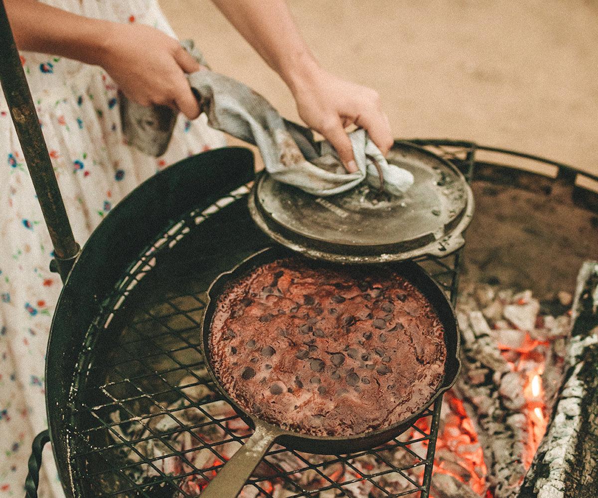 Brownie skillet cooked over campfire