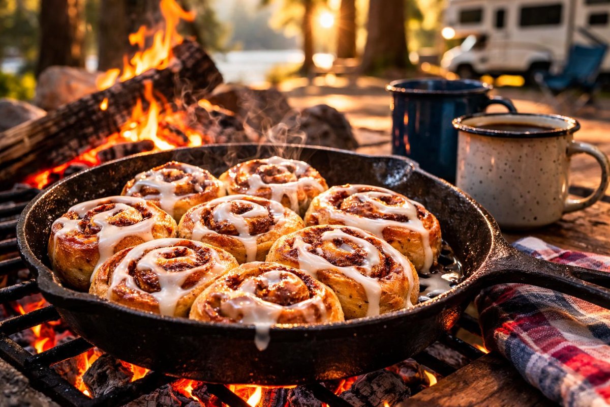 Campfire cinnamon rolls in skillet