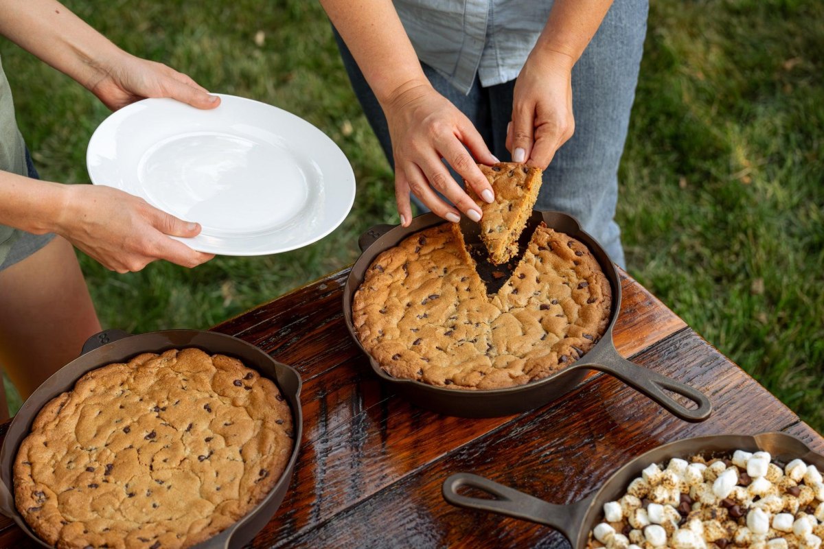 Chocolate chip cookie skillet outdoors