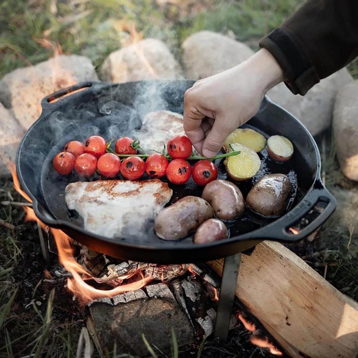 Cast iron campfire cooking setup