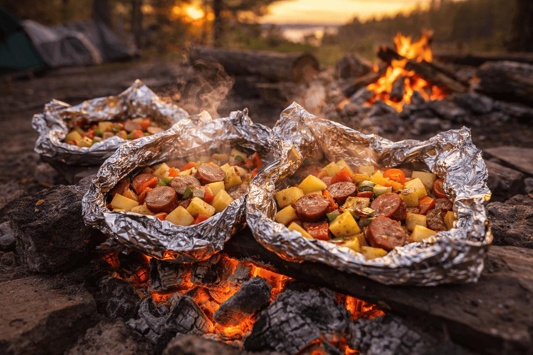 Foil packet meals beside campfire