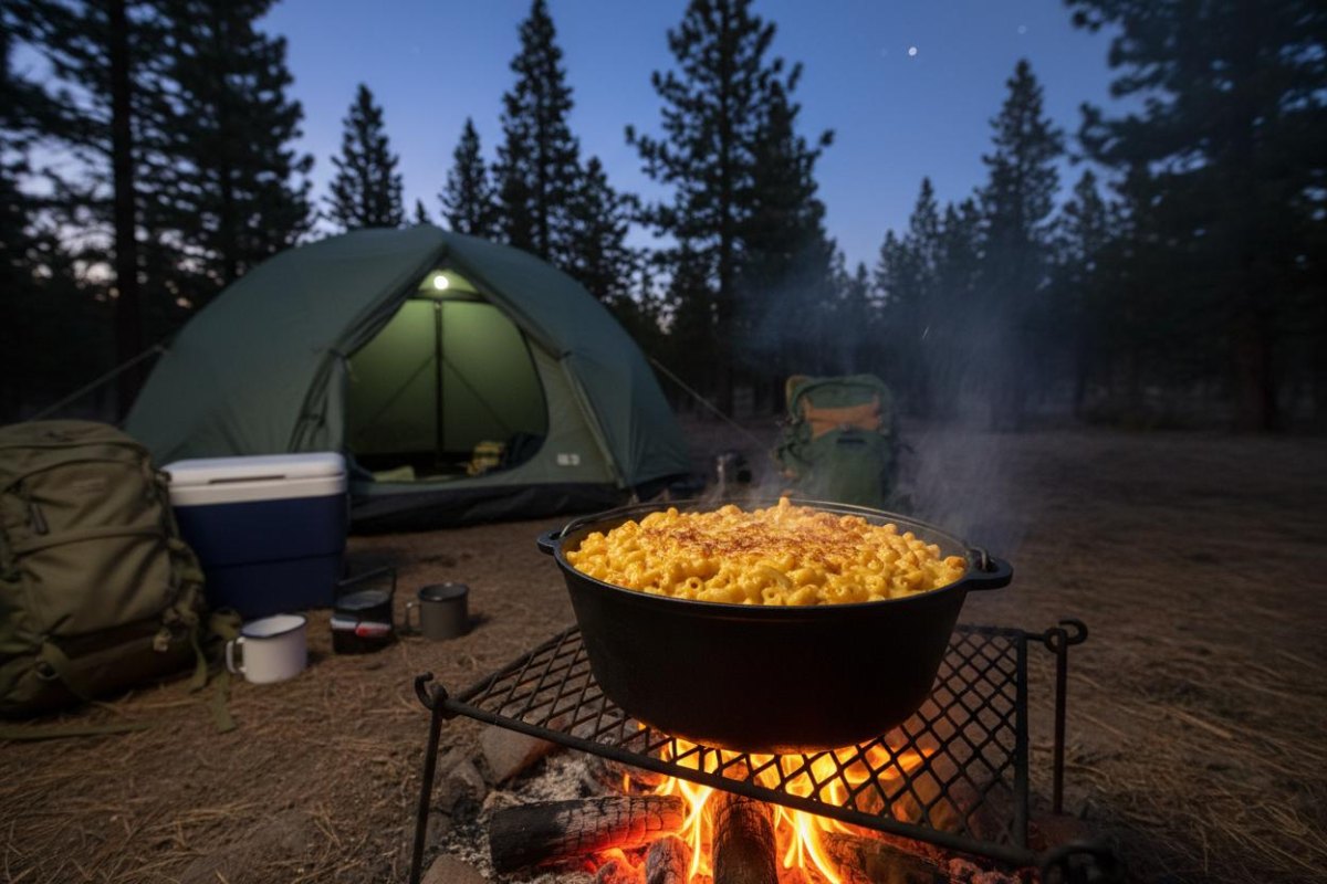 Mac and cheese beside campfire
