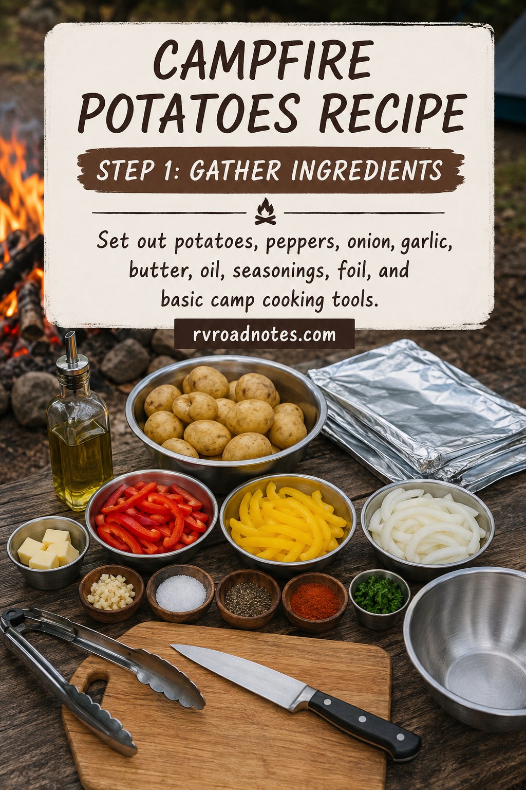 Ingredients laid out on a cutting board for a campfire potatoes recipe including potatoes and foil