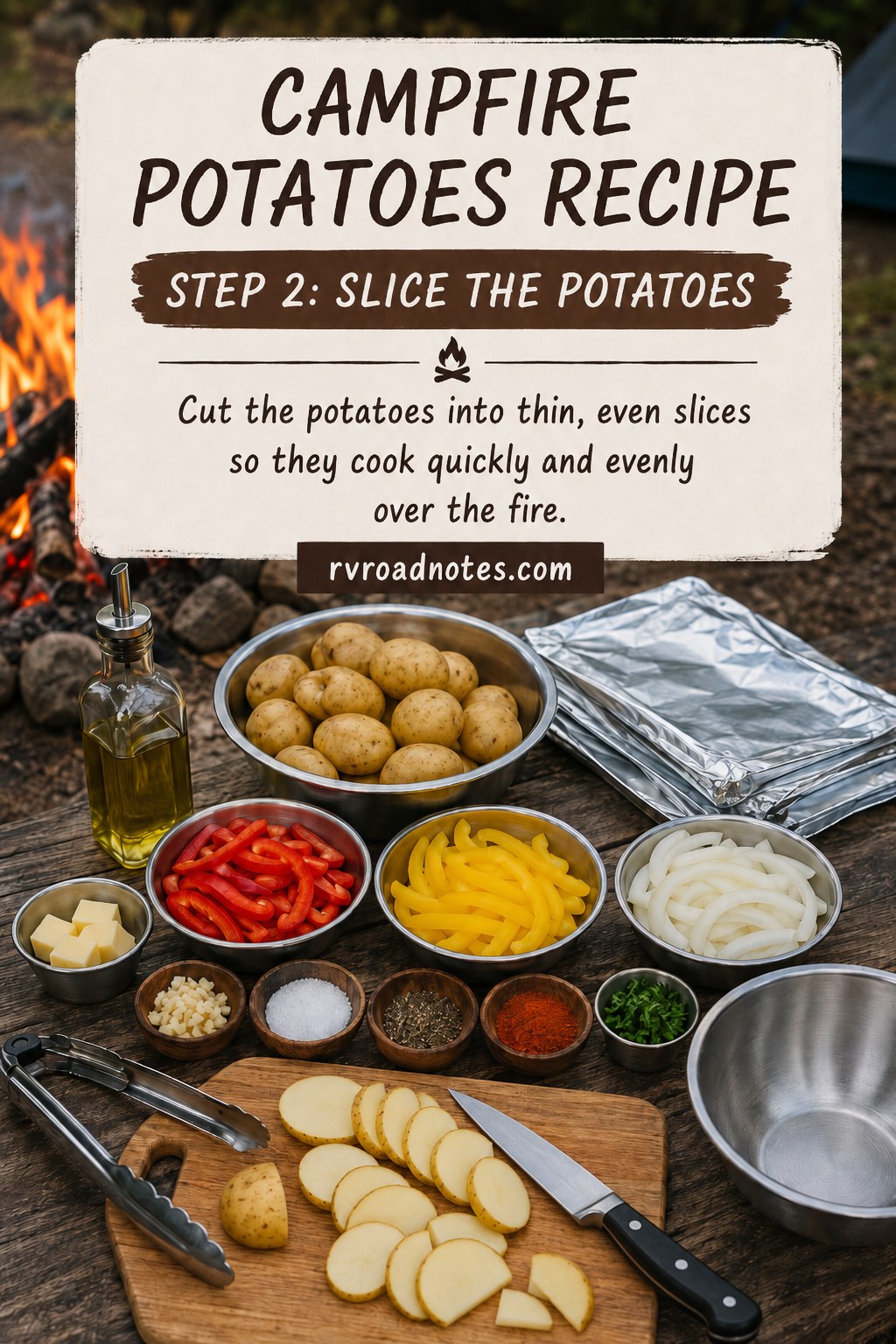 Thin even potato slices prepared for a fast-cooking campfire potatoes recipe over hot coals