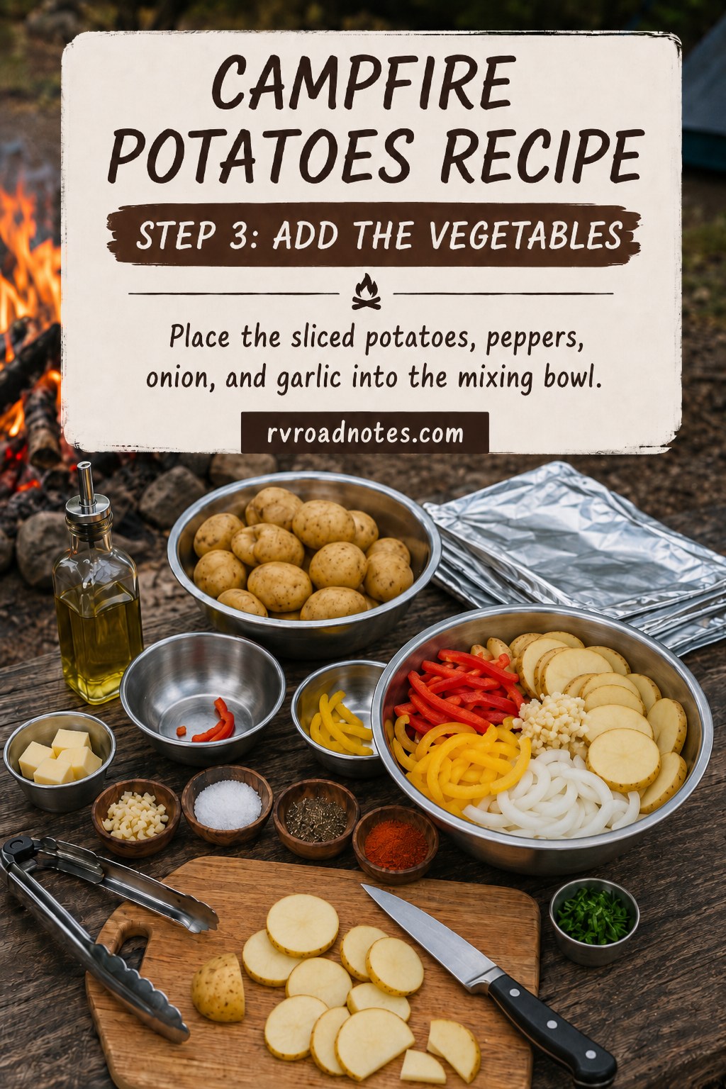 Sliced potatoes, peppers, onion and garlic combined in a bowl for a campfire potatoes recipe