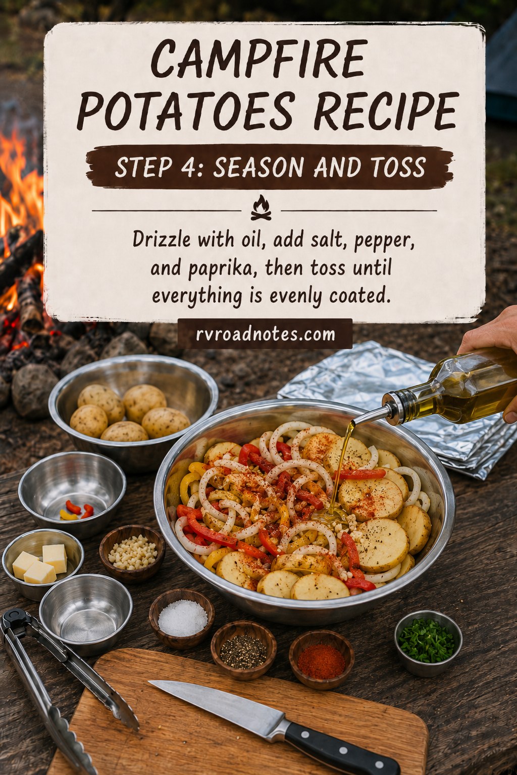 Olive oil drizzled over seasoned vegetables while tossing ingredients for campfire potatoes