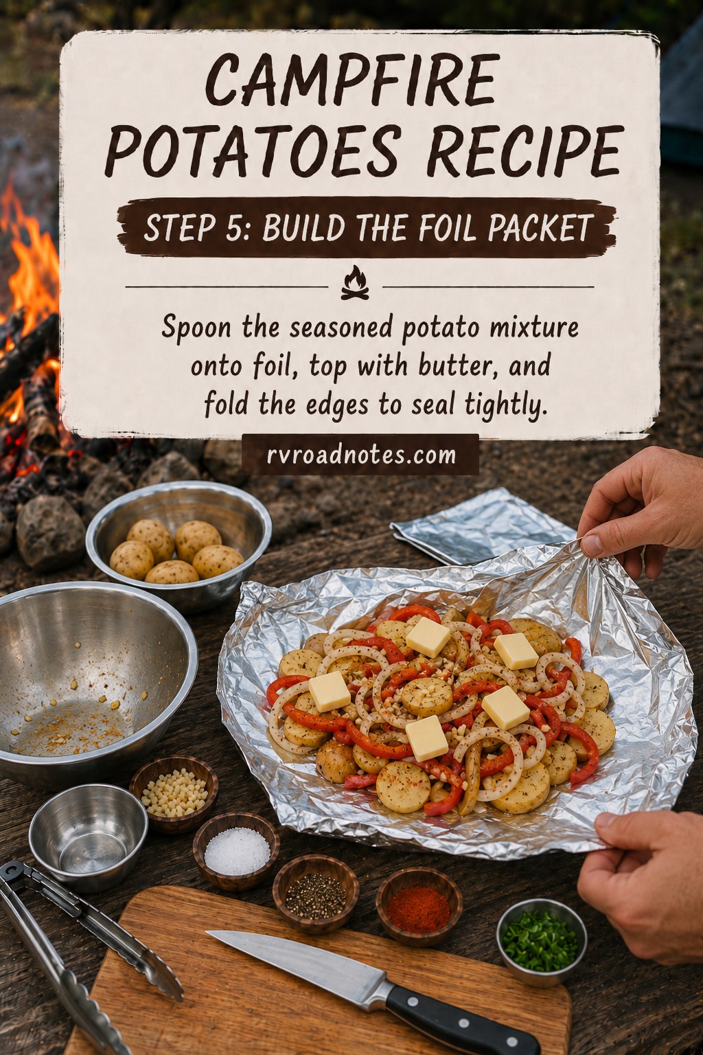 Butter pats topping the seasoned potato mixture before sealing the campfire potatoes foil packet