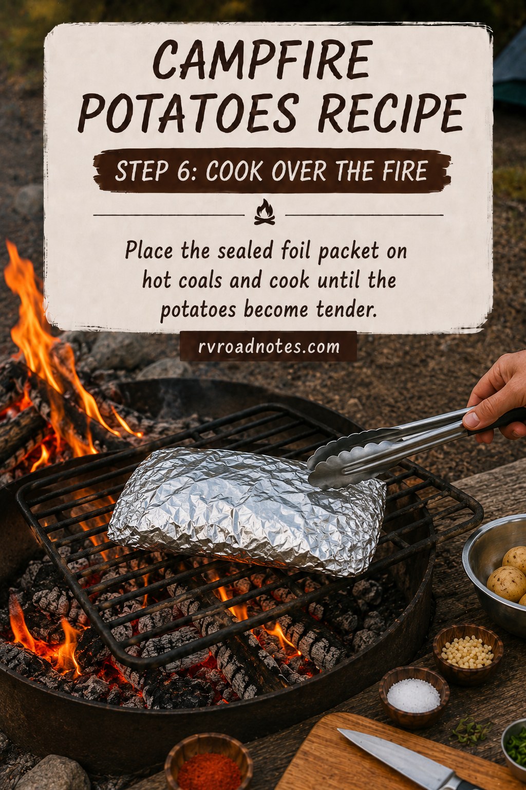 Sealed foil packet resting on a cast iron grate over hot coals for campfire potatoes