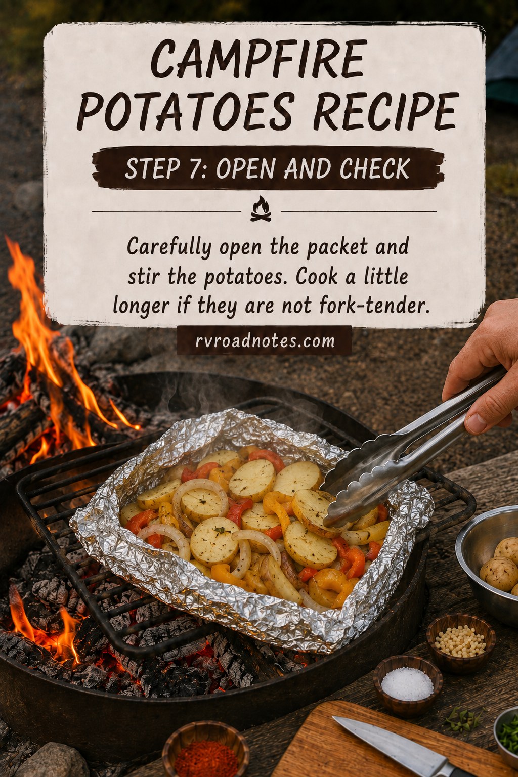 Foil packet opened with tongs to check if the campfire potatoes are fork-tender
