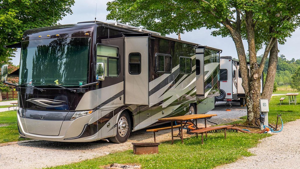 RV parked at a full hookup campsite