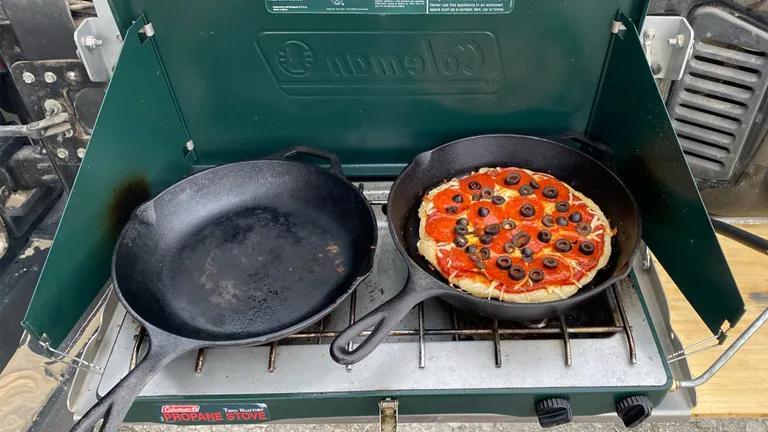 Cast iron pizza camping meal