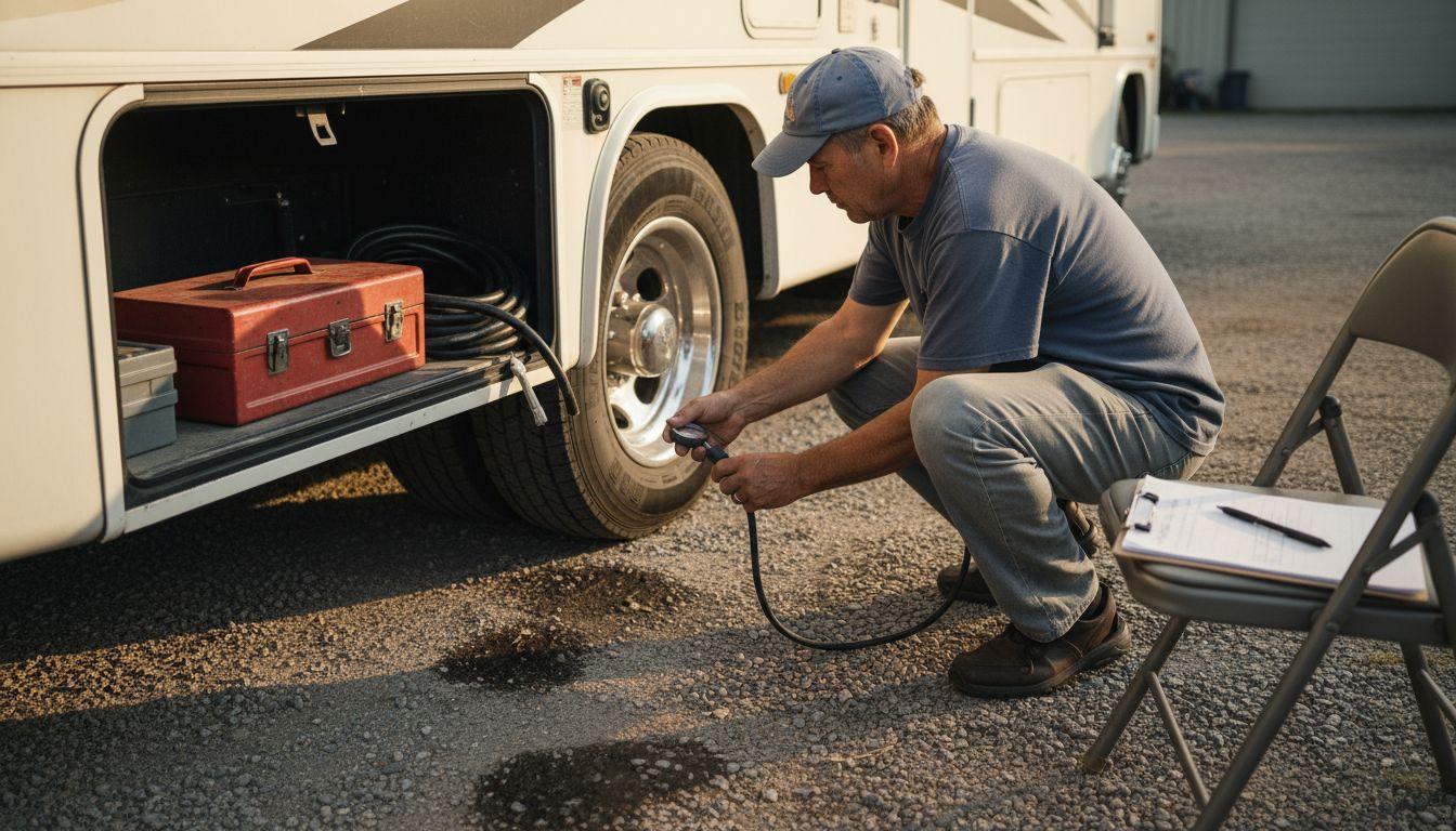 First time RV owner checklist checking motorhome tire safety equipment