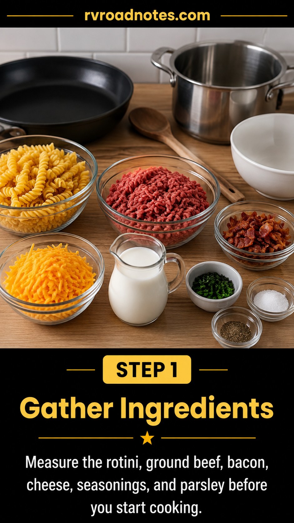 Ingredients for cheeseburger bacon pasta measured into bowls on an RV galley counter