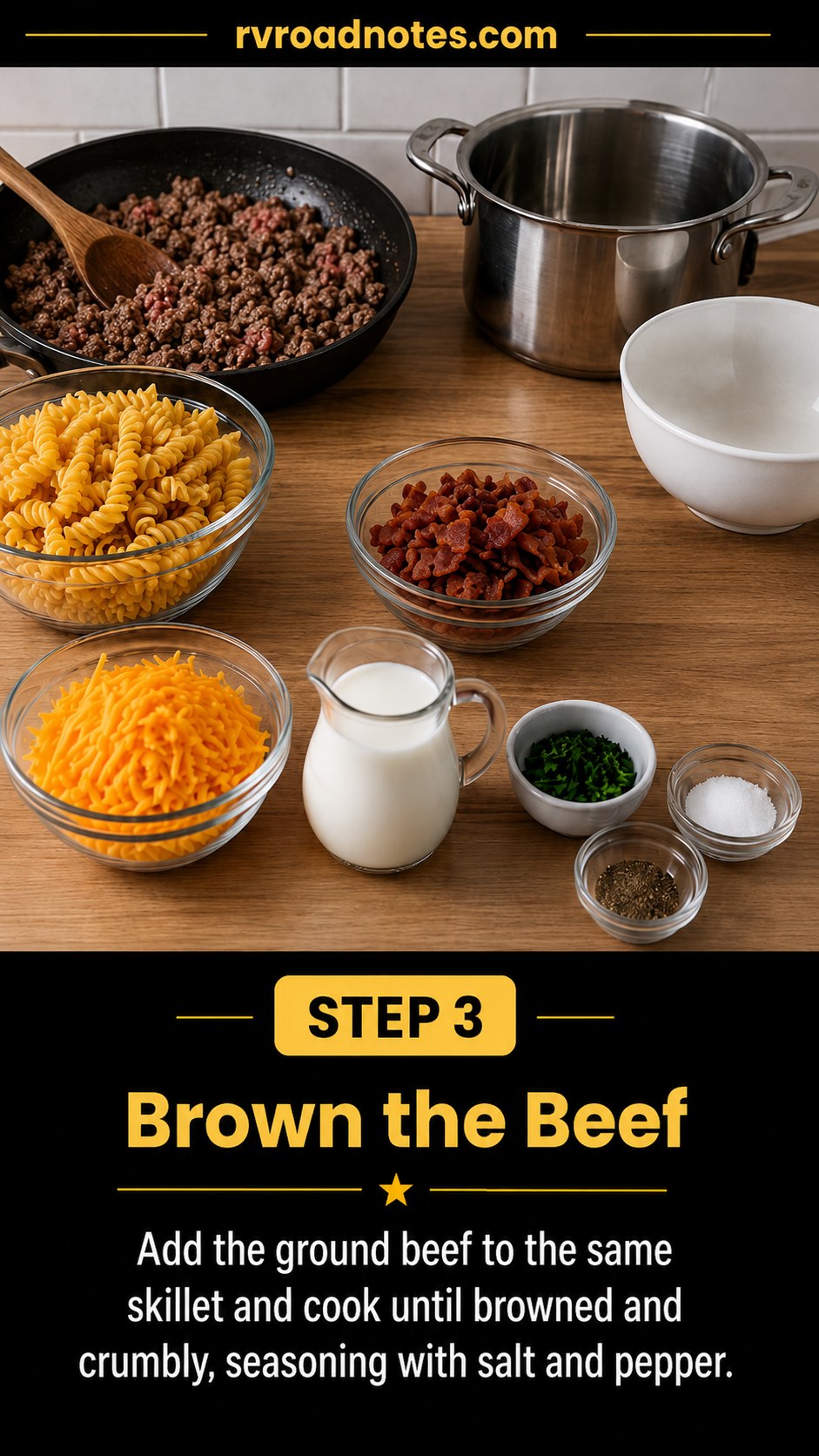 Ground beef browning in bacon fat for cheeseburger bacon pasta on a propane stove