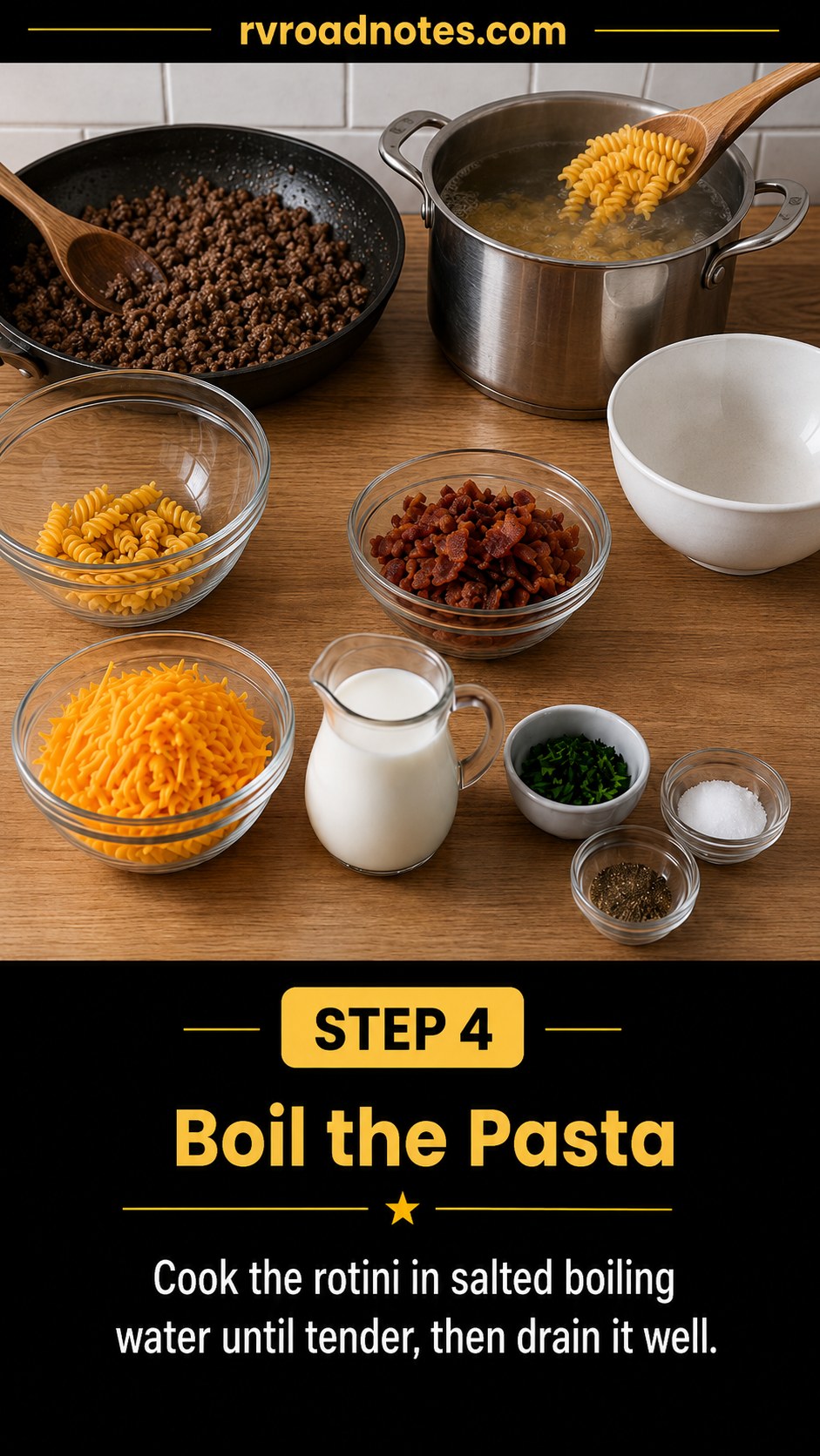 Rotini pasta boiling in a stockpot alongside browned beef for cheeseburger bacon pasta