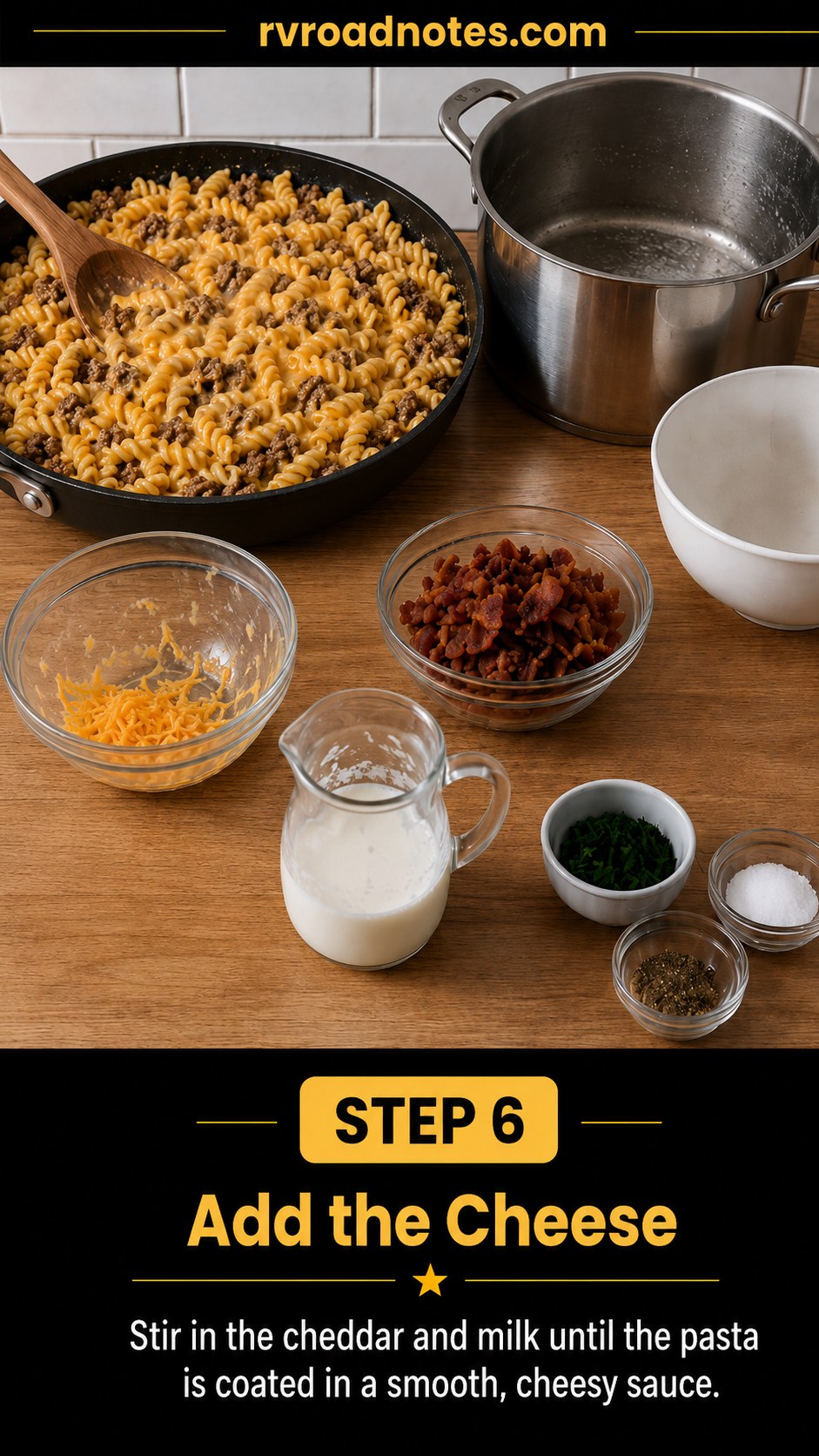 Shredded cheddar and milk stirred into pasta to form the sauce for cheeseburger bacon pasta