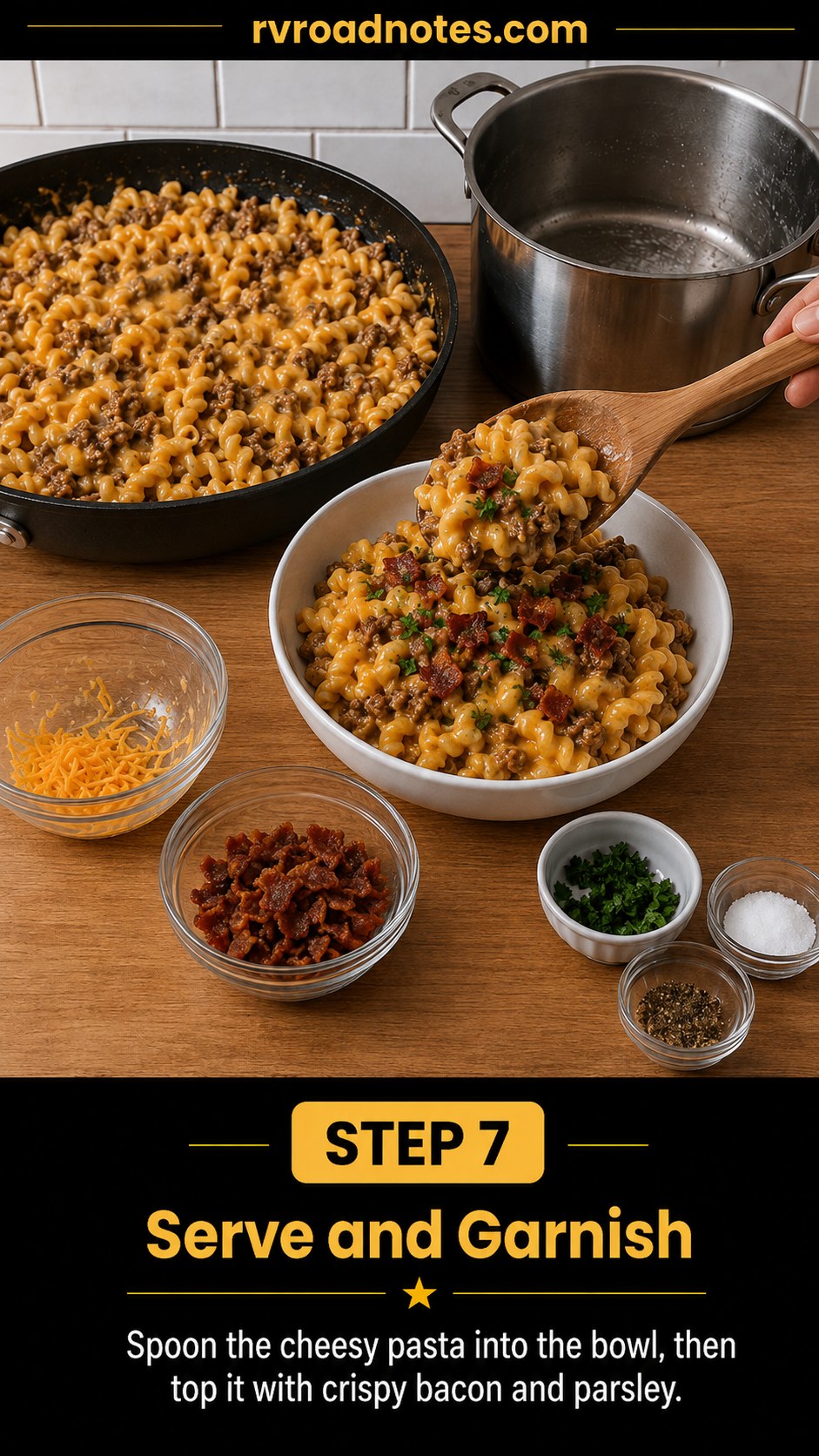 Cheeseburger bacon pasta being spooned into a bowl and topped with crispy bacon