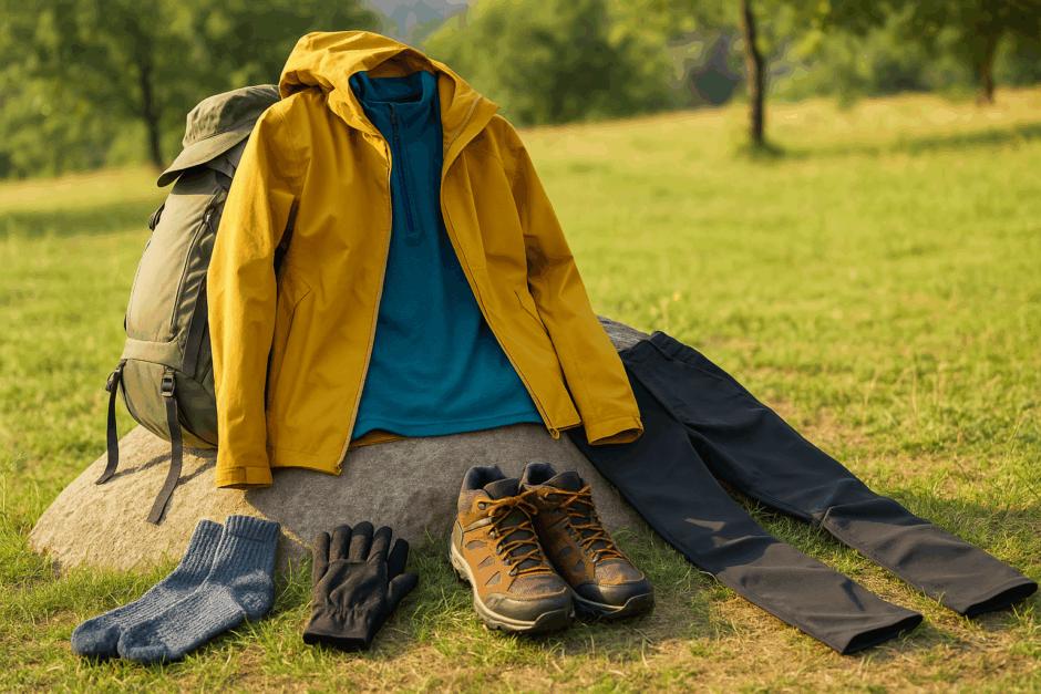 Camping checklist printable showing layered clothing and weather protection gear