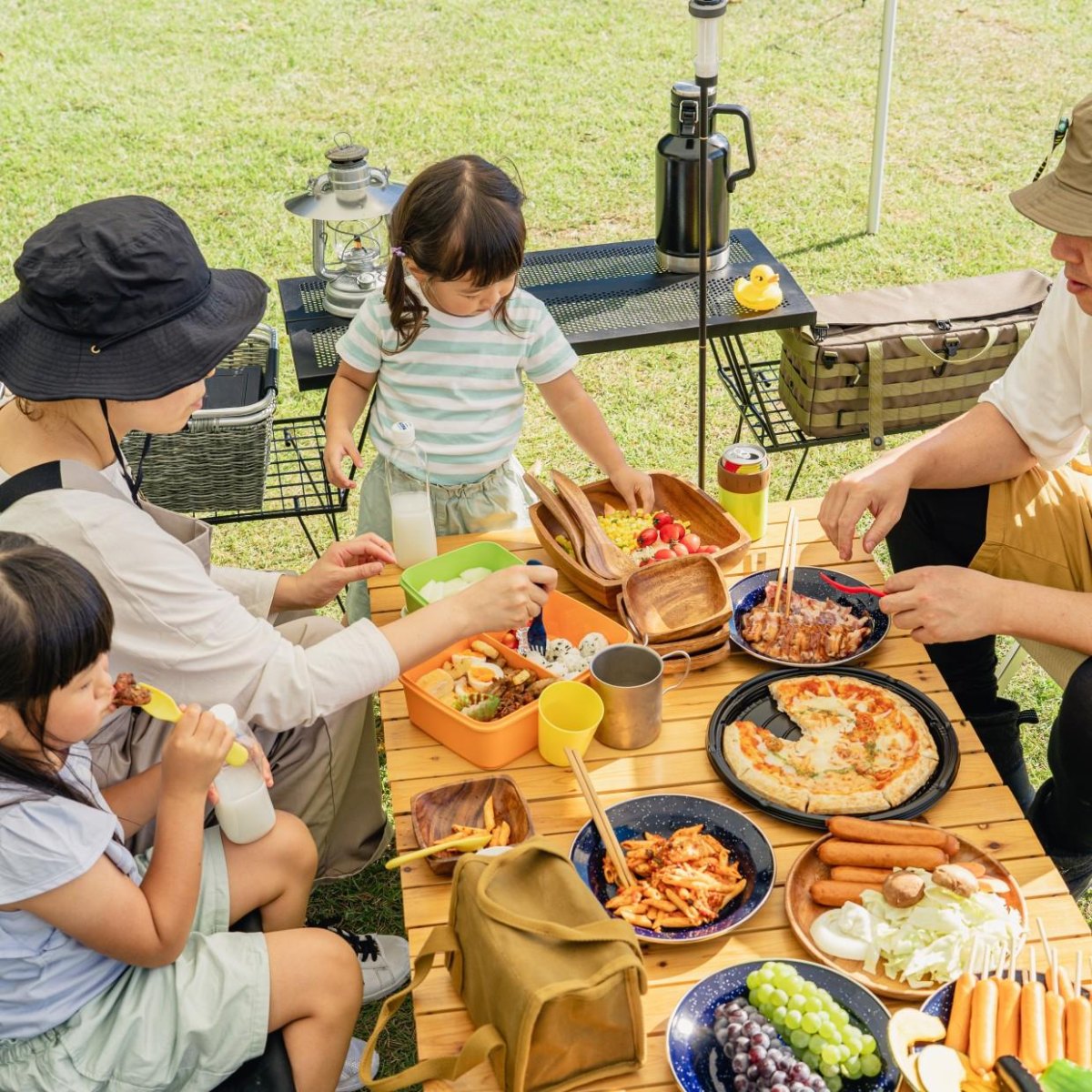 Family camping food spread