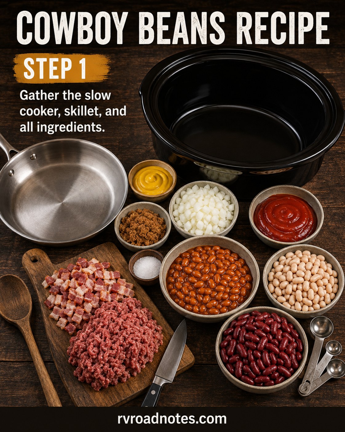 Ingredients laid out for a cowboy beans recipe including bacon, beef, three types of beans, and seasonings