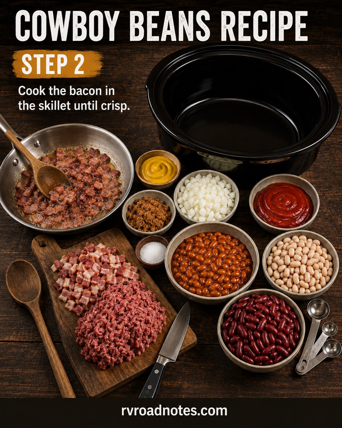 Bacon cooking crisp in a stainless skillet as the first step of a cowboy beans recipe