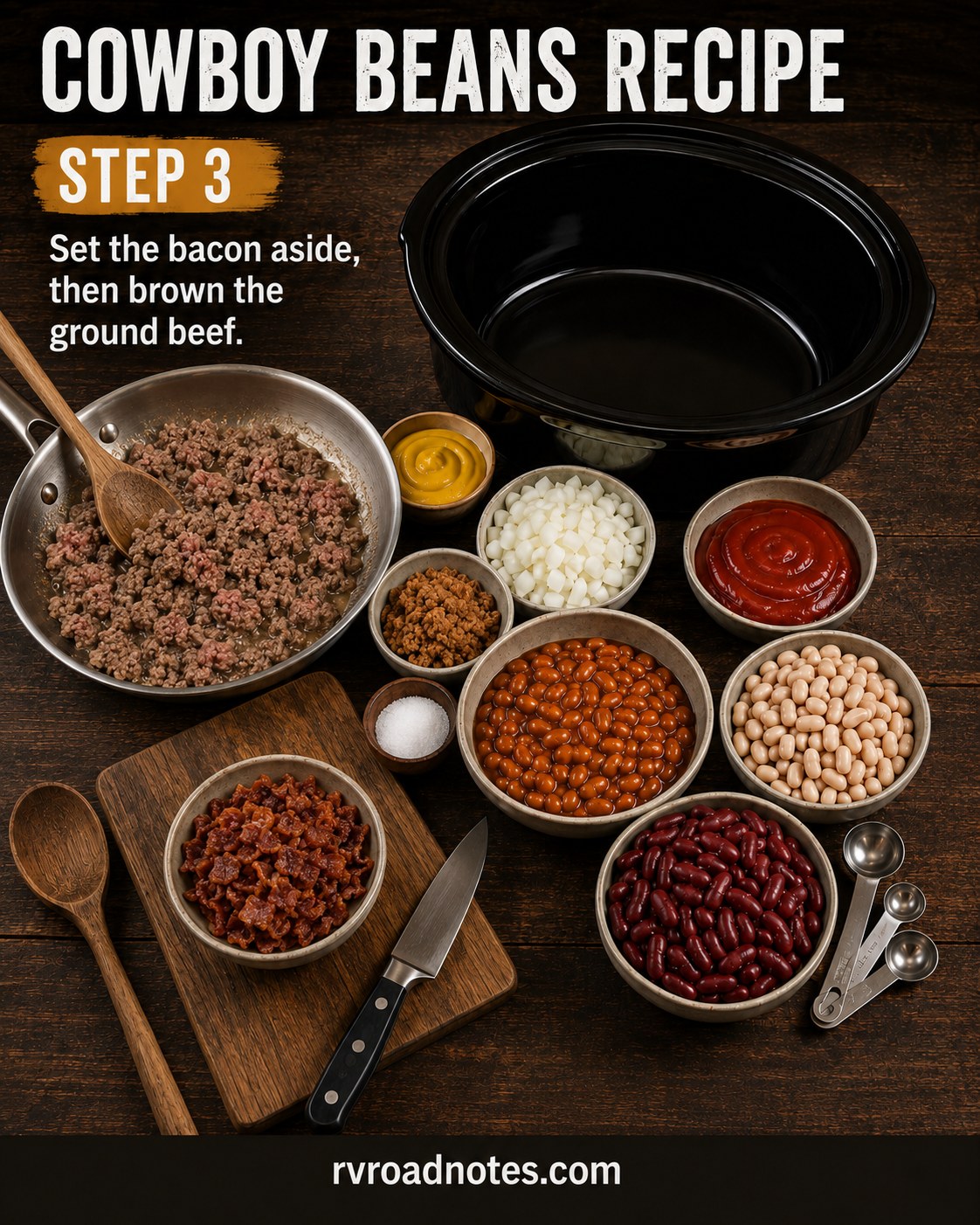 Ground beef browning in the same skillet after the bacon is set aside for this cowboy beans recipe