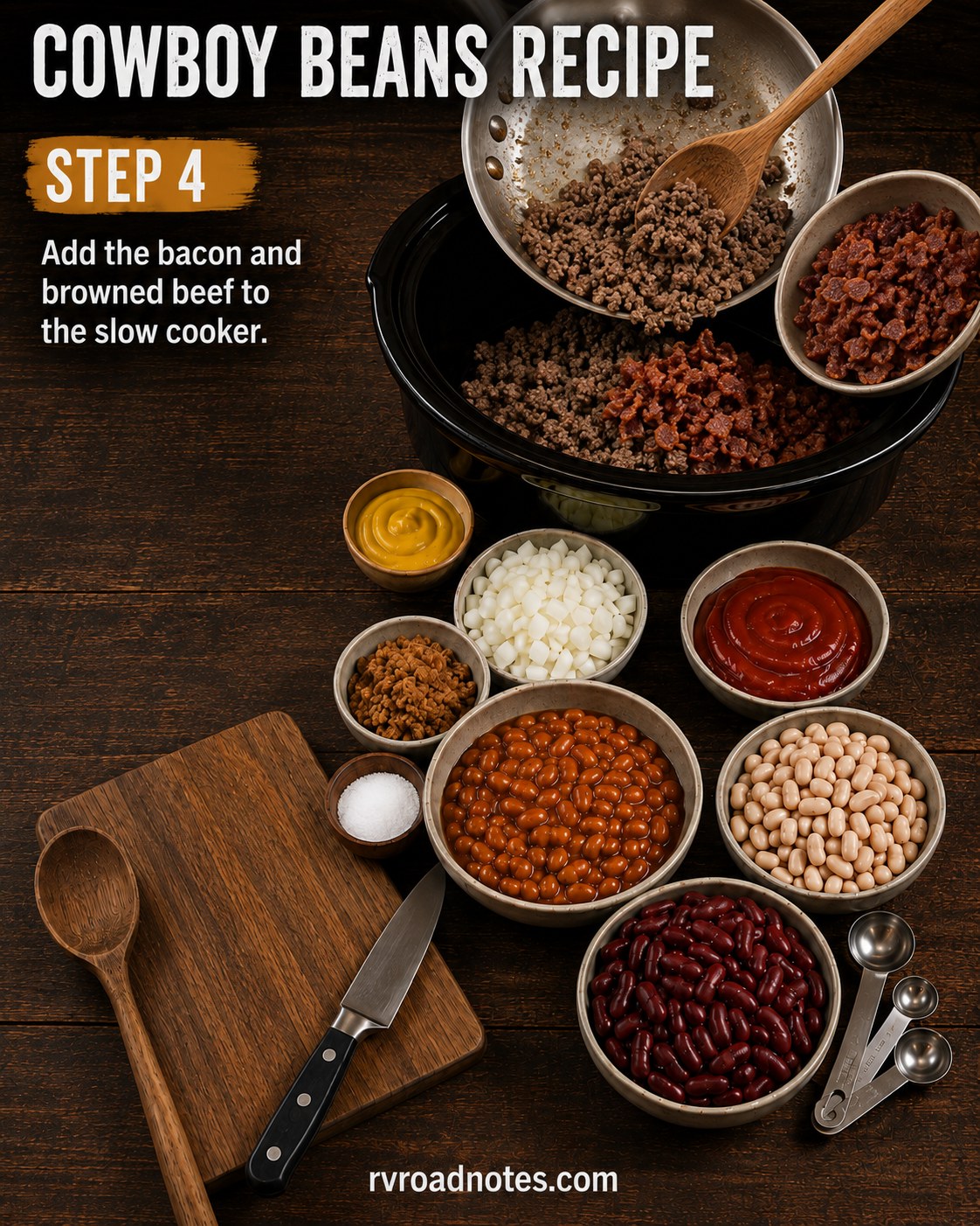 Browned bacon and beef being added together into the slow cooker insert for cowboy beans