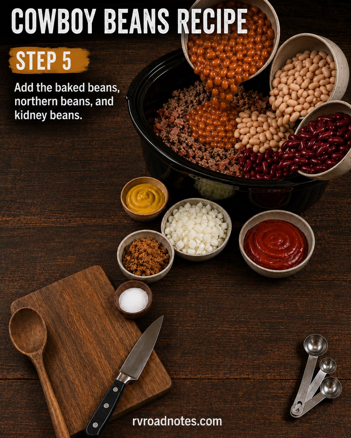 Baked beans, great northern beans, and kidney beans poured into the slow cooker for cowboy beans
