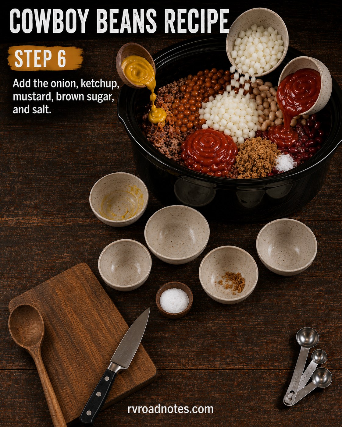 Diced onion, ketchup, mustard, brown sugar, and salt measured out to season the cowboy beans recipe