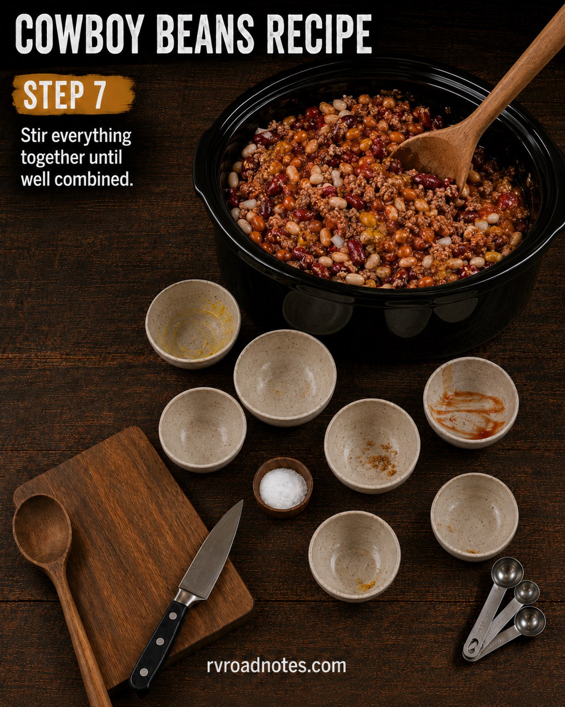 Wooden spoon stirring all the ingredients together in the slow cooker for cowboy beans