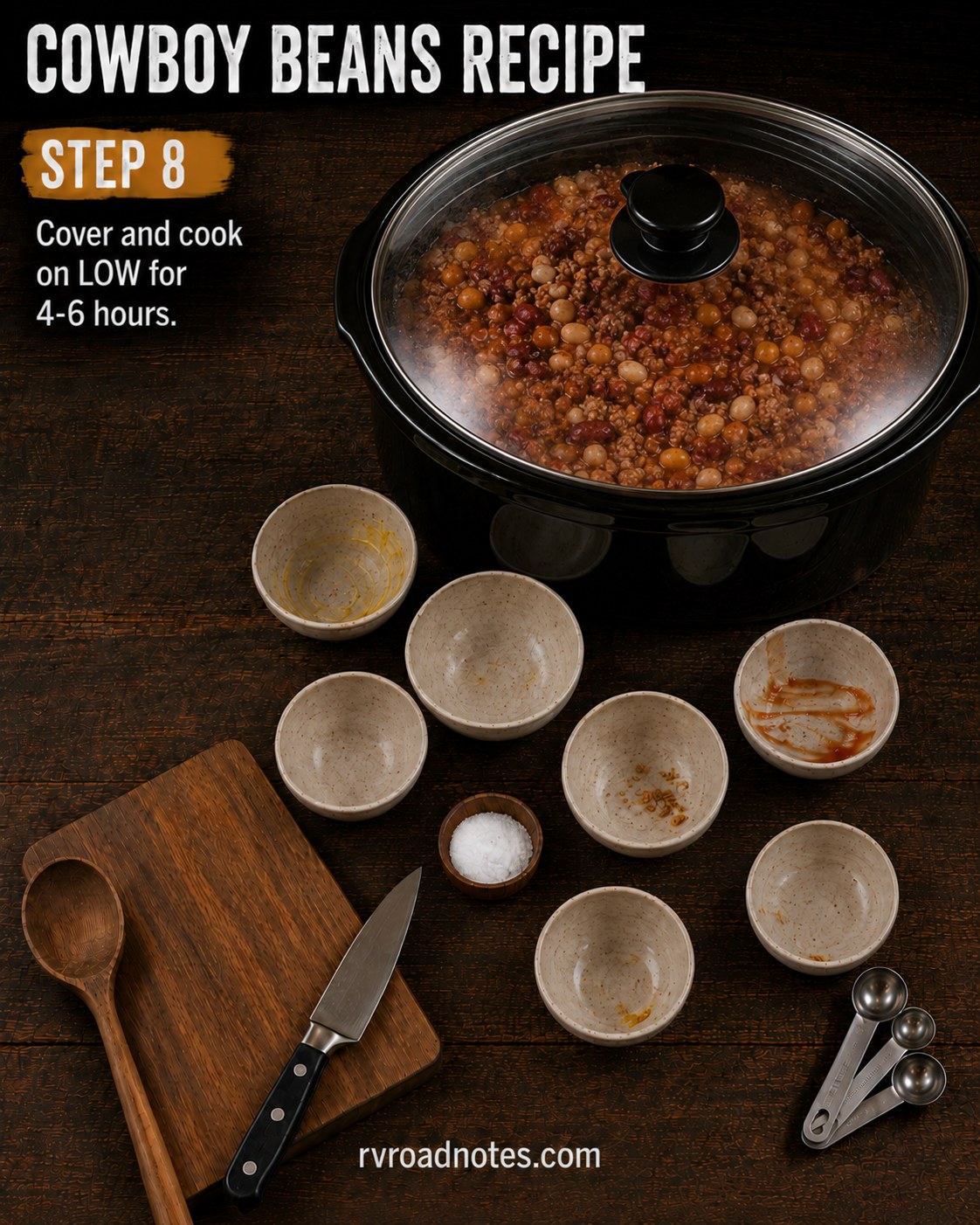 Slow cooker lid on with steam visible while cowboy beans cook on LOW for four to six hours
