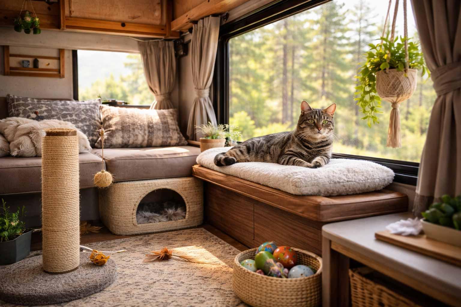 Small RV cat corner with bed and climbing shelf