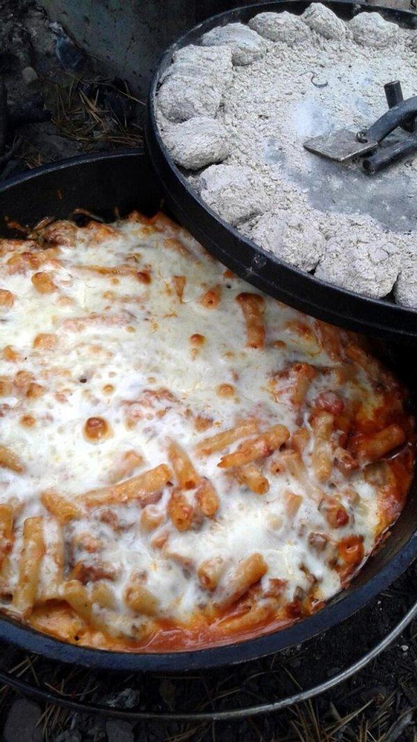 Baked ziti in Dutch oven camping