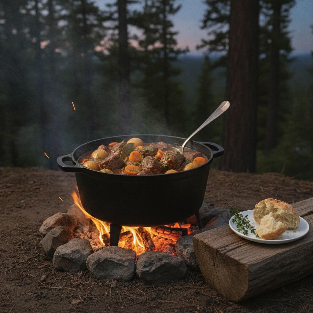 Dutch oven beef stew campfire