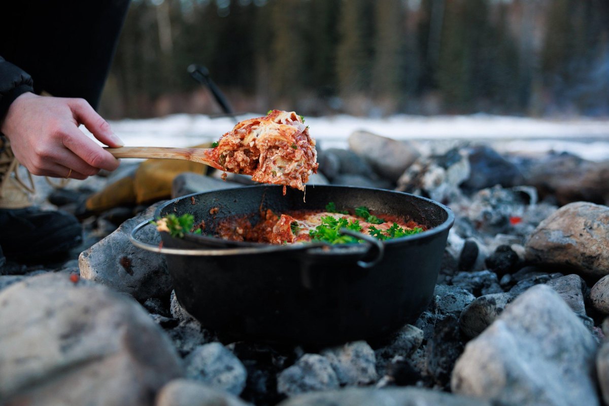 Dutch oven lasagna outdoors