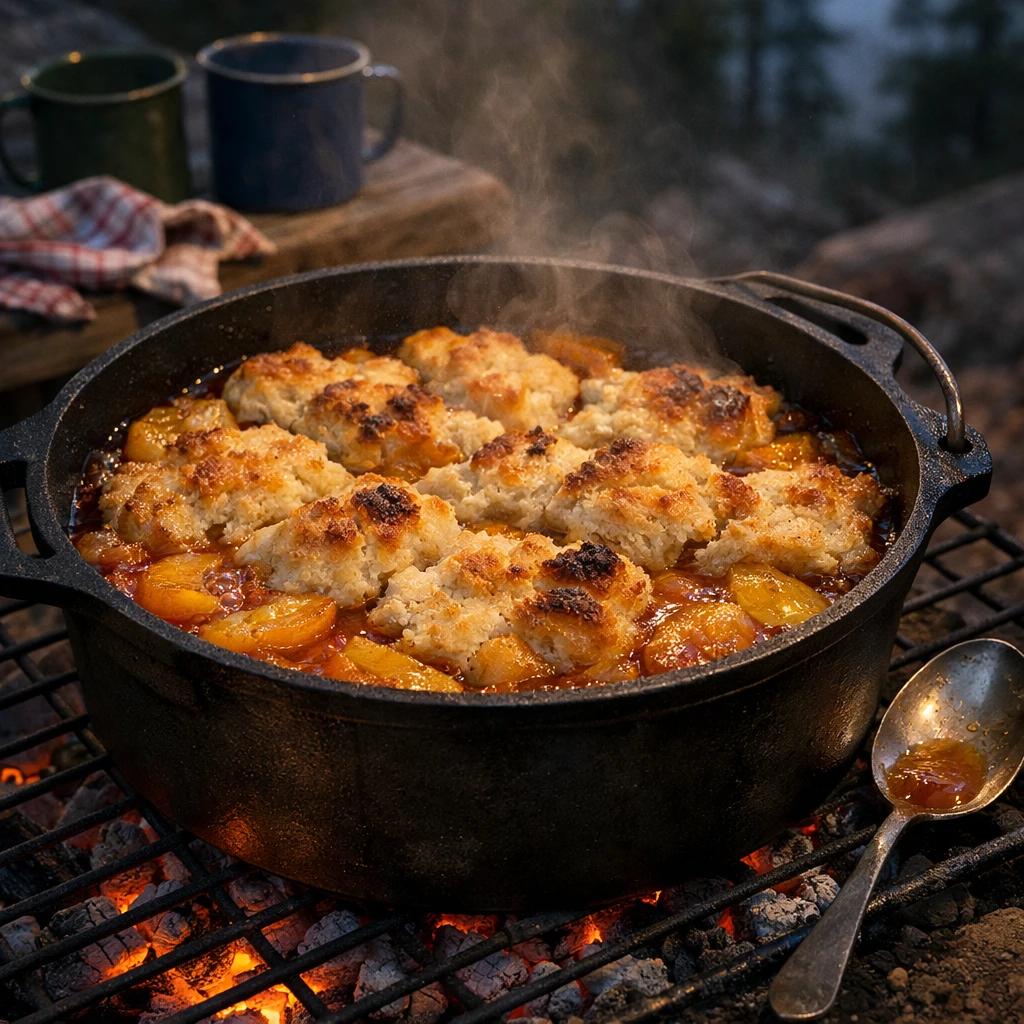 Dutch oven peach cobbler camping dessert