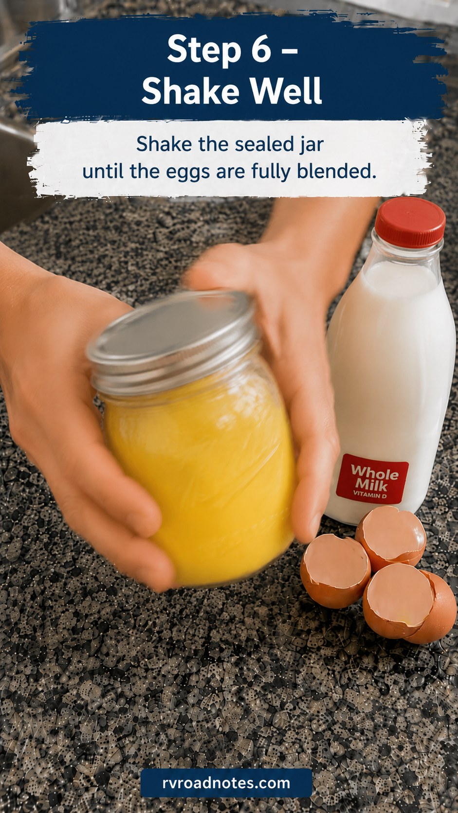 Shaking a sealed mason jar until eggs in mason jars for camping are fully blended yellow