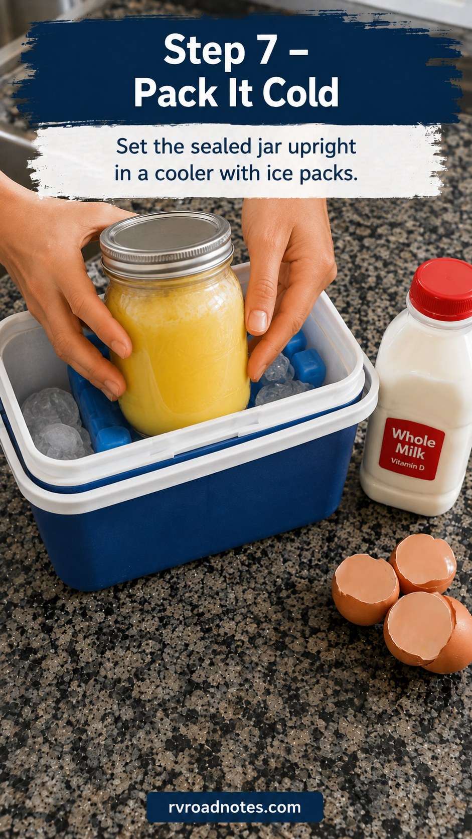 Packing a sealed jar of blended eggs upright into a cooler with ice packs for camping