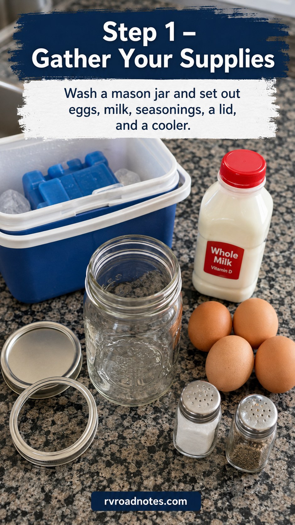 Supplies laid out for eggs in mason jars for camping including a jar, eggs, milk, and a packed cooler