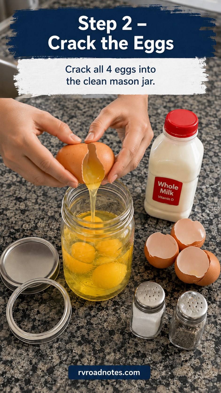 Hands cracking eggs into a clean mason jar for eggs in mason jars for camping prep