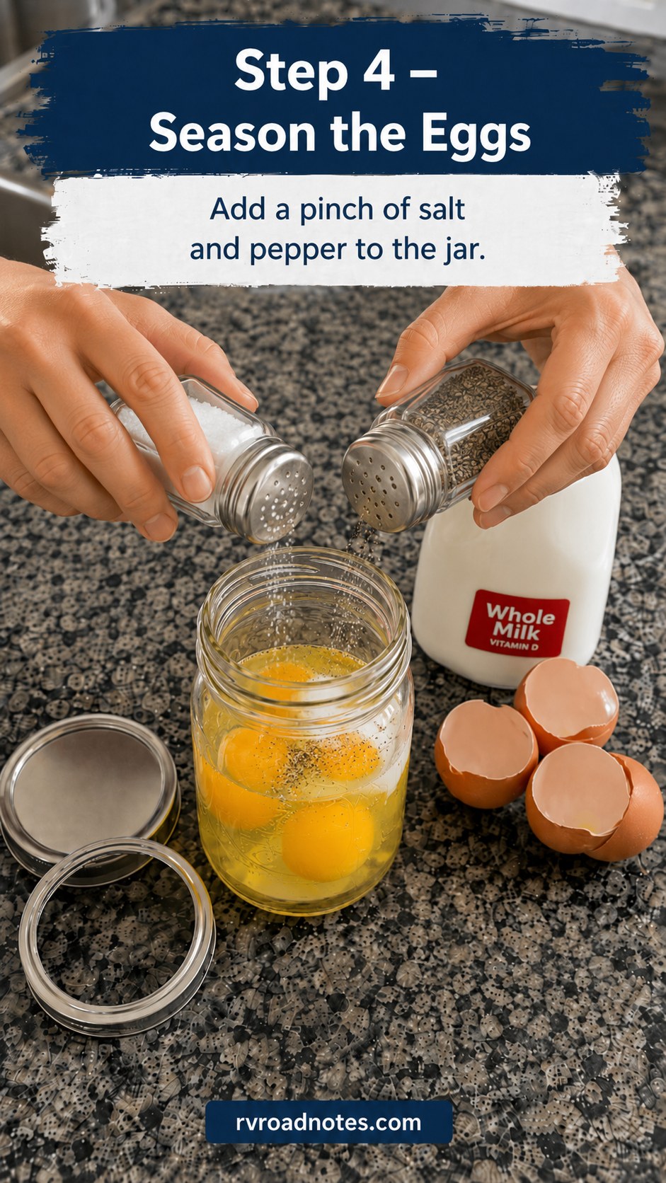Seasoning cracked eggs with salt and pepper before sealing a jar for camping
