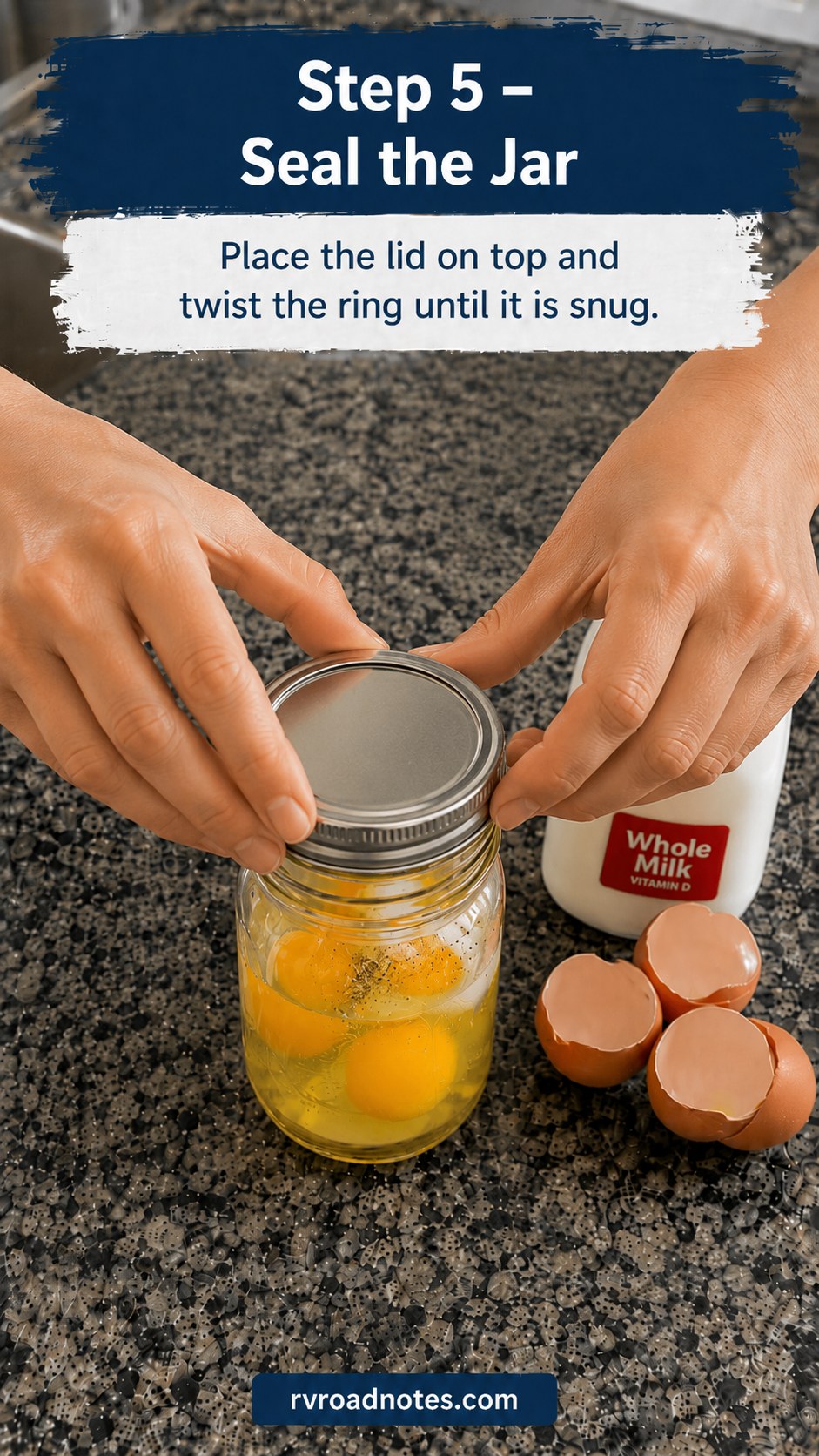 Twisting a mason jar lid snug for eggs in mason jars for camping storage