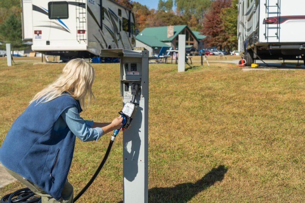 RV connected to campground electrical hookup